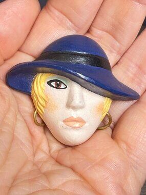 Vintage Handmade Lady Face Brooch Blue Hat Painted Art Brooch